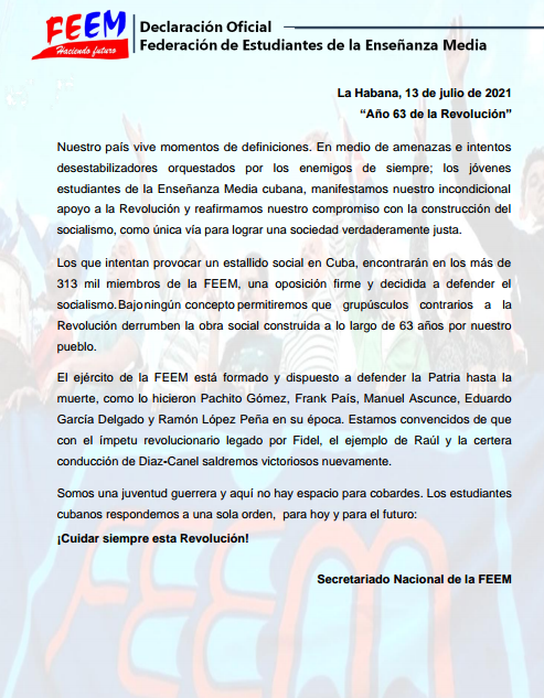 🇨🇺// Declaración de la FEEM de Cuba en defensa de la #Revolucion ✊🇨🇺 

Los estudiantes cubanos respondemos a una sola orden: ¡Cuidar siempre la #Revolucion!

¡El ejército de la FEEM está formado! 
.
#ViviremosYVenceremos #PatriaOMuerte #FEEMXCuba