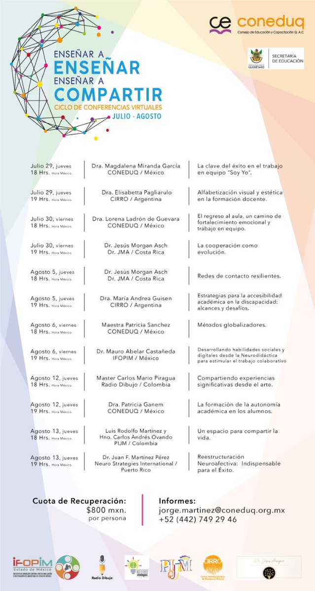 CONEDUQ's tweet photo. Programa Oficial del Ciclo de Conferencias Coneduq: Enseñar a Enseñar, Enseñar a Compartir.
🇷🇴COLOMBIA 🇨🇺Puerto Rico 🇨🇷COSTA RICA 🇲🇽MÉXICO 🇦🇷ARGENTINA
Evento dirigido a docentes y directivos.
🔍Información: 
jorge.martinez@coneduq.org.mx
https://t.co/NIlKyryzkP👈
#Educación https://t.co/Y0VTTShDz5