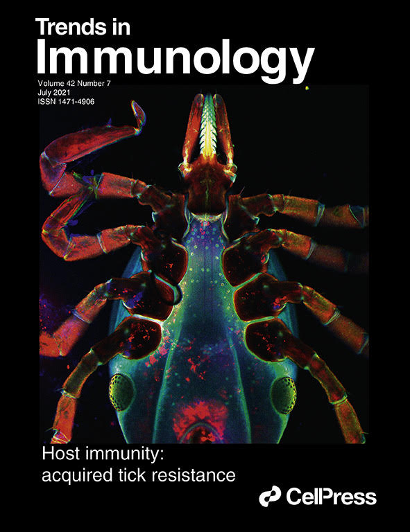 PalLabUMD's tweet image. Who doesn&apos;t love a striking immunofluorescence image? We&apos;re very proud that one of our tick images was selected by the editor of @TrendsImmuno for the cover of their current issue! cell.com/trends/immunol…
