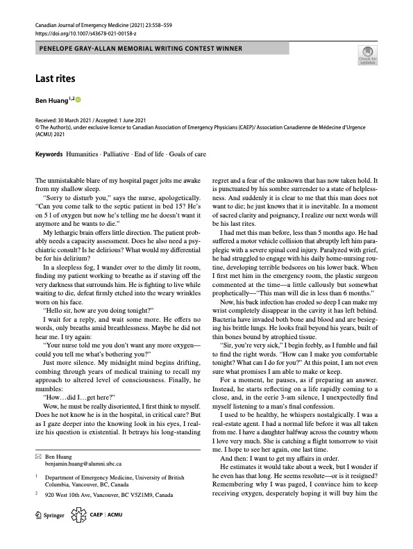 TinaYokotaMD's tweet photo. Our @EMResUBC resident @benjhuang won the @CAEP_Docs Penelope Gray-Allan Memorial Award. It was published in @CJEMonline 🎉

Take 2 minutes. Read. Feel. Cry. Reflect. 

Our jobs are hard. Thank you @benjhuang for putting words to our lived experiences. 
https://t.co/JNixH5LgDr https://t.co/5Mne83fz7Q