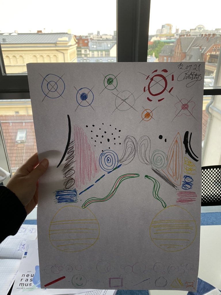 Here is my portrait #abstractart 🎨 The colours and symbols have hidden meanings about me (left) and my research (right). I enjoyed the mindful warm-up exercise. Thanks <a href="/GilCostaDesign/">Gil</a> for leading the Visual Journaling workshop during the <a href="/Neurasmus_/">Neurasmus</a> Annual Meeting #Neurasmus2021
