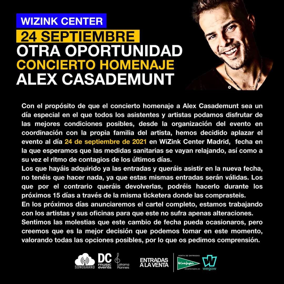 Aplazado hasta el 24 de Septiembre.
Allí estaremos para hacerte el homenaje que te mereces. 🙏
#alexcasademunt #homenajealexcasademunt
#madrid #wizinkcenter