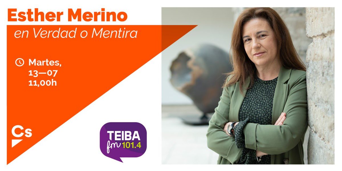 📻 No te pierdas mañana a partir de las 11h a nuestra Secretaria de Comunicación y concejala de <a href="/CsCabezon/">Cs Cabezon de la Sal</a> <a href="/EstherMerino_/">Esther Merino</a> que intervendrá en la tertulia de actualidad #VerdadoMentira en <a href="/radioteibafm/">Teiba FM</a> 
Recuerda:
⌚️ Martes 13,11:00 hr
📻 Teiba FM-101,4 FM
📲 teibafm.com