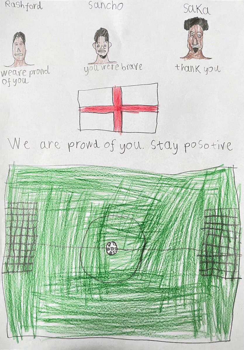 Our Year 3 and Year 4 were so sad to hear of the racists comments directed towards members of the England football team. They made posters of support and encouragement. ⁦<a href="/GarethSouthgate/">Gareth Southgate</a>⁩  ⁦<a href="/MarcusRashford/">MR14</a>⁩ ⁦⁦<a href="/BukayoSaka87/">Bukayo Saka</a>⁩ ⁦<a href="/Sanchooo10/">Jadon Sancho</a>⁩ #respect