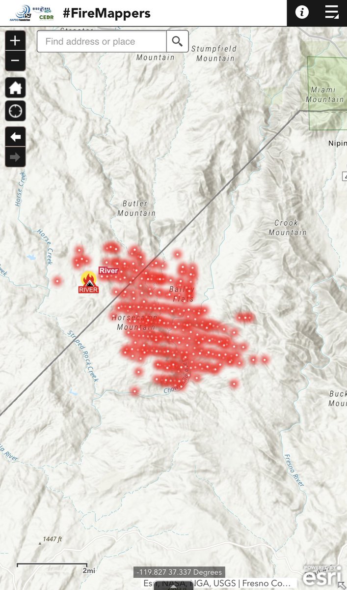 #riverfire | Fire is continuing treading Southeast at this time with an estimated acreage of <5.5K. The fire itself is burning within unburned terrain which has not seen a major fire since before the 1930’s. Last night saw some moderation but Low RH%’s and Winds are forecasted