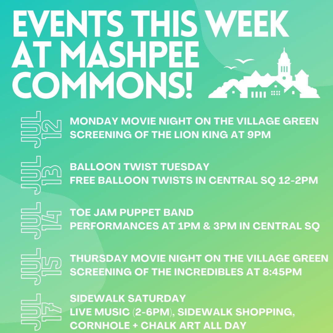 Happening this week at Mashpee Commons! ☀️
#mashpeecommons #capecod #capecodsummer #capecodevents