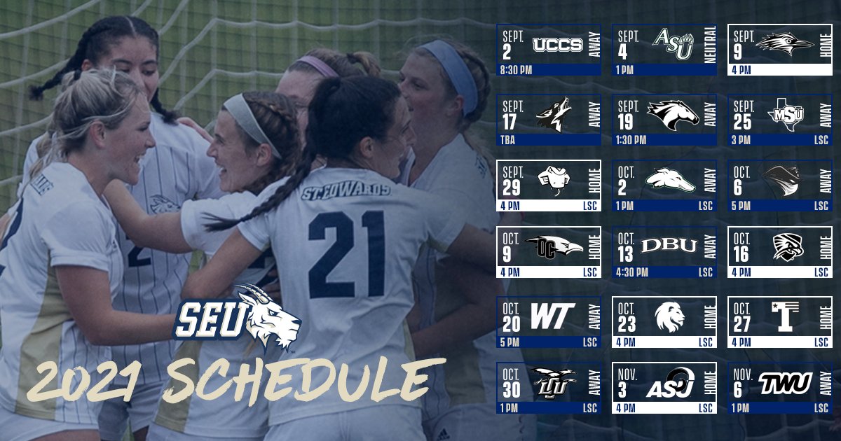 Let the countdown begin! <a href="/SEUWSoccer/">St. Edward's Women's Soccer</a> announces 2021 schedule! #FearTheGoat
🔗 bit.ly/3hziEh4
🗓️ bit.ly/2U68WKa