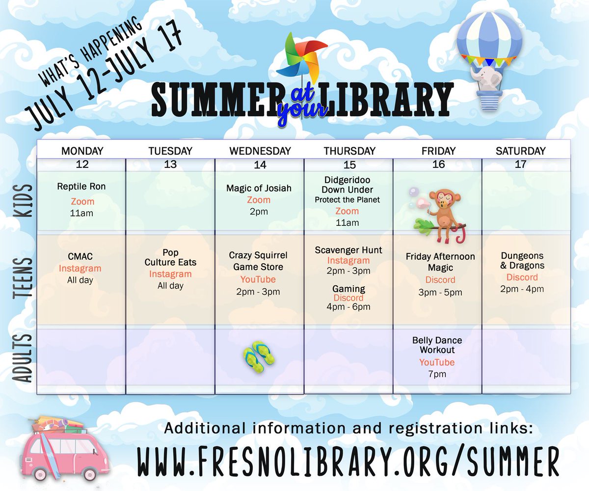 FCPL's tweet image. Through July 31, please join us for Summer at Your Library!

Learn more (and sign up) at fresnolibrary.org/summer 

Here are this week&apos;s fun and free programs for the whole family.

#fresnolibrary #summerfun #SummerReadingChallenge