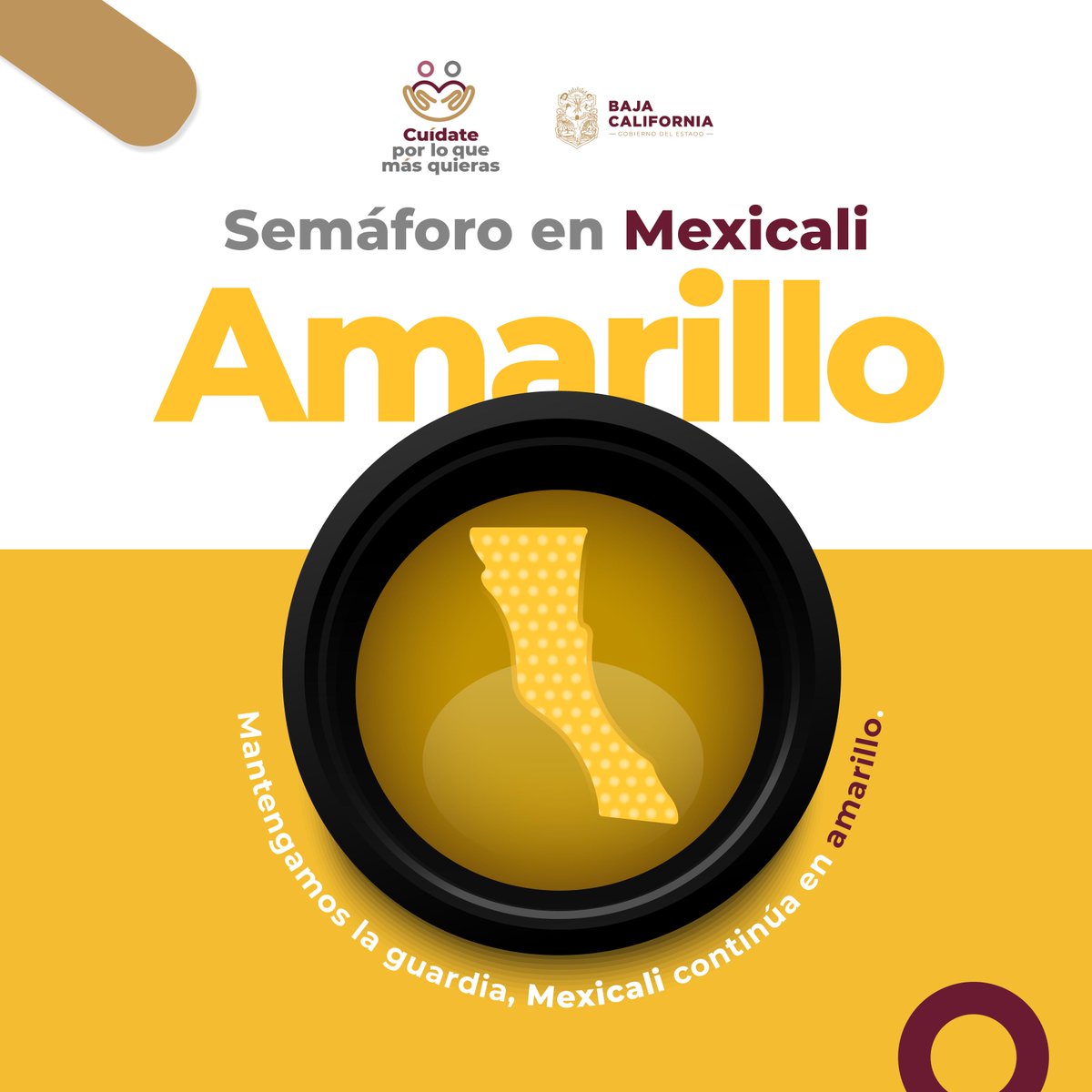 ⚠️ MEXICALI SIGUE EN SEMÁFORO AMARILLO 🚦🟡! 
 
Durante la semana del 12 al 18 de julio, Mexicali continuará en semáforo amarillo 🟡 de alerta media.
 
Sabemos cómo prevenir los contagios  🦠 ¡Mantengamos las medidas sanitarias para llegar al verde!