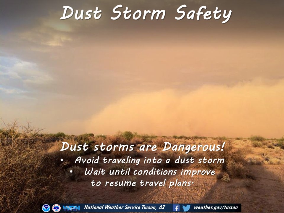 NWSTucson's tweet photo. Another active day of thunderstorms is possible today across southeast Arizona. Thunderstorms could bring strong gusty winds and blowing dust.

Here are some safety tips to keep in mind if you get caught in a dust storm! #azwx https://t.co/AXFj8M2MSx