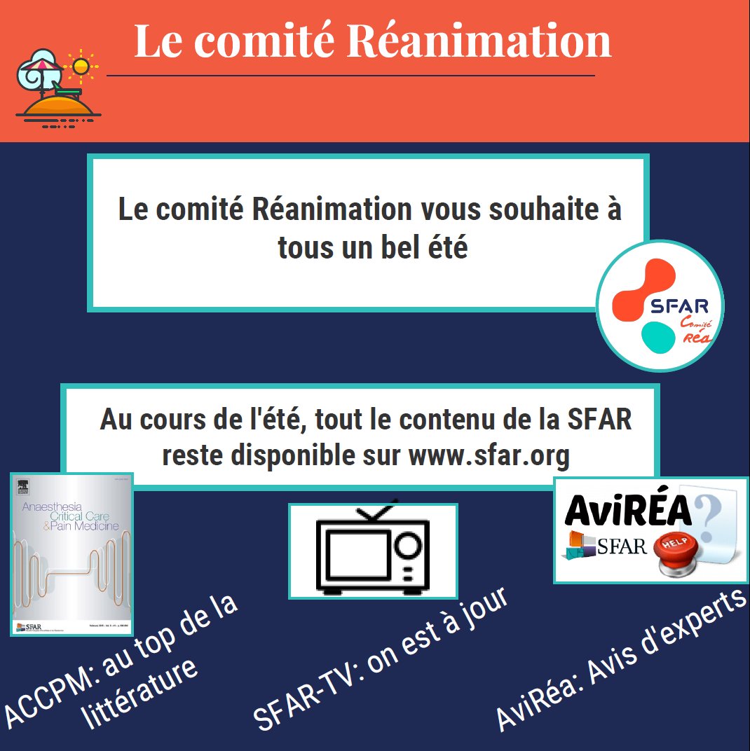 SFAR_ORG's tweet photo. Le comité réanimation de la SFAR vous souhaite un très bel été 2021
En vacances ou au travail, le contenu de la SFAR reste avec vous et à votre service
@SFARJeunes @AJAnesthRea @AjarRouen @AJARParis @AjarLille @AjarmirS @AjarBordeaux @AjarmirS @reanimateurs @cnear_fr
#comiterea https://t.co/1P7SZjsK3m