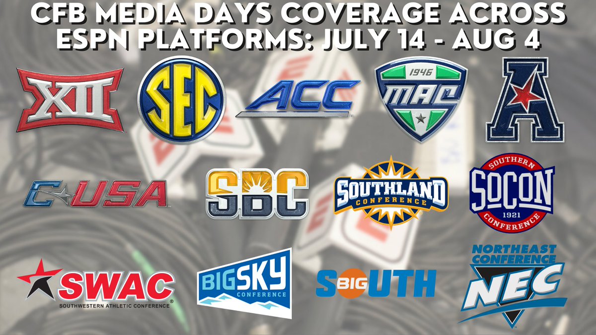 ESPNPR's tweet photo. Beginning Wednesday, ESPN platforms will feature comprehensive coverage of football media days
🏈 #CFBLive returns
🏈 100+ hours of programming
🏈 16 conferences represented
More: https://t.co/gPdszBSE5P https://t.co/tNicuHec5d