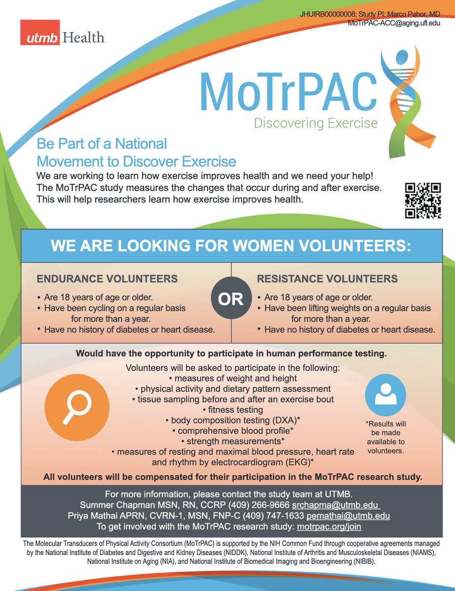 Help us learn the benefits of exercise on a molecular level! If you’re highly active and a woman 18 years of age or older, join us. #MoTrPAC

Learn more: motrpac.org/join/recruitme… Download Flyer: utmb.us/526