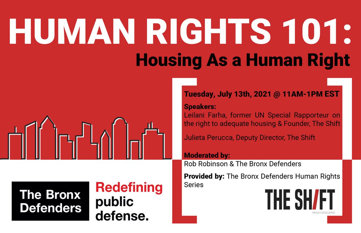 Want to know more about housing as a human right? Join us &amp; <a href="/Make_TheShift/">The Shift</a>
Tuesday, 13 July 11AM-1PM EST for a 101 session on what the human right to housing is all about! 

RSVP:  bit.ly/RTHRSVP Access training: bit.ly/RTH101