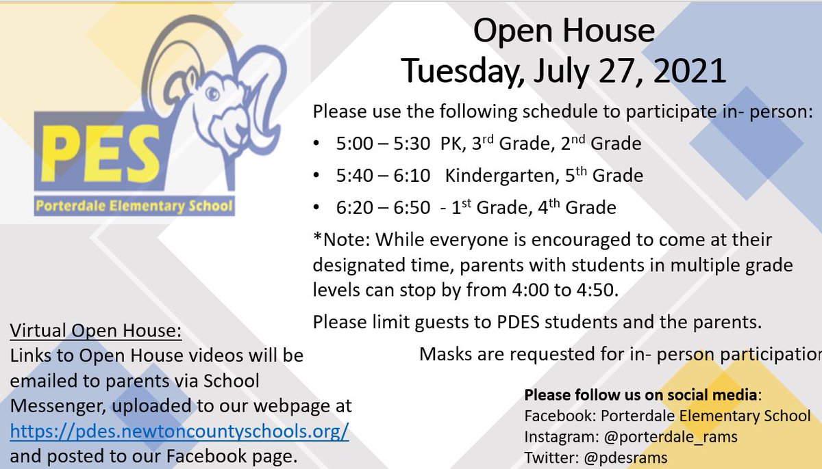 PDESRams's tweet photo. Open House information! We can’t wait to see our families and start the new school year! #ncssbethebest #pdespride https://t.co/YLF0MoGrm0