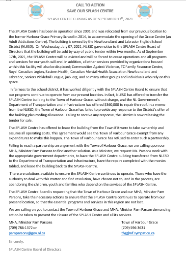We need you! Please see attached for CALL TO ACTION to #SavetheSPLASHCentre <a href="/HaywardBlake1/">Hayward Blake</a> <a href="/LynnDiamond1/">Lynn Diamond</a> <a href="/Judymarilyn_Mc/">Judy McCarthy</a> <a href="/CAVavalonwest/">Comm AgainstViolence</a>