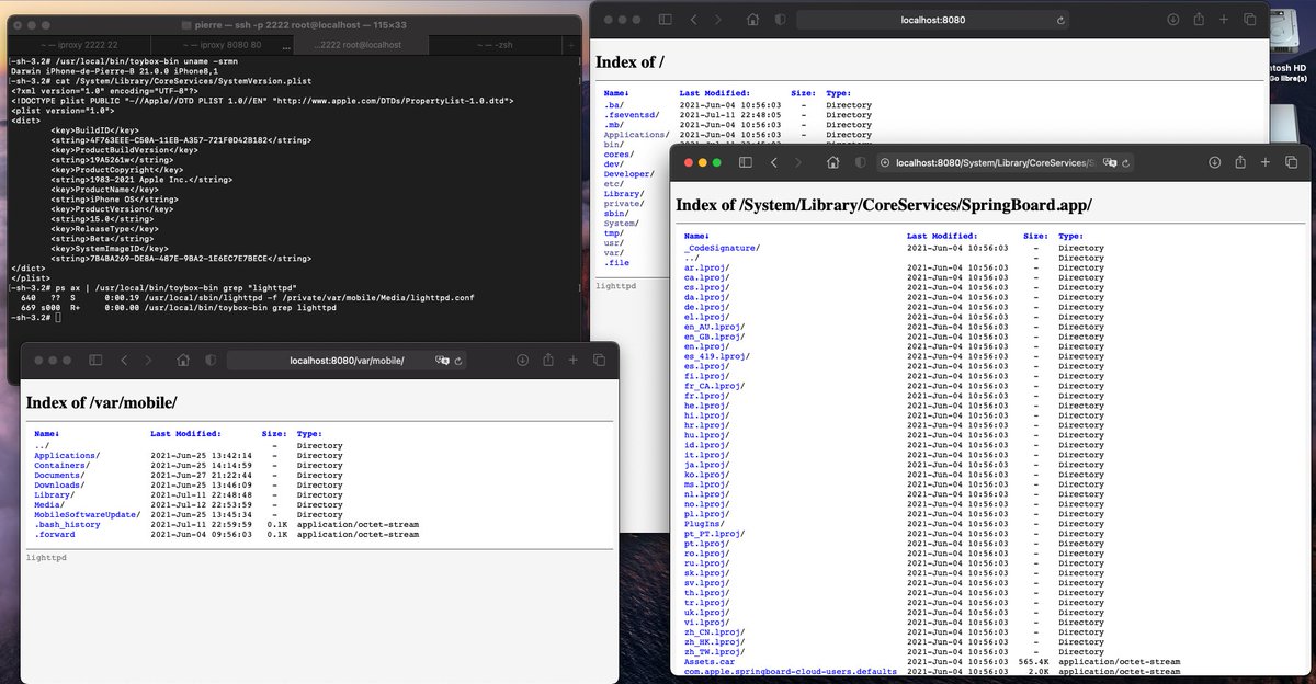 pierre_blzqz's tweet image. This is a freshly cross-compiled arm64 lighttpd, a lightweight web server,  live on an iPhone 6s running iOS 15.0 beta 2!
It is serving &quot;/&quot; as its document root. It&apos;s so nice to browse the filesystem with the comfort of Safari 😂
#Apple #iOS15 #iOS15Beta #Hack