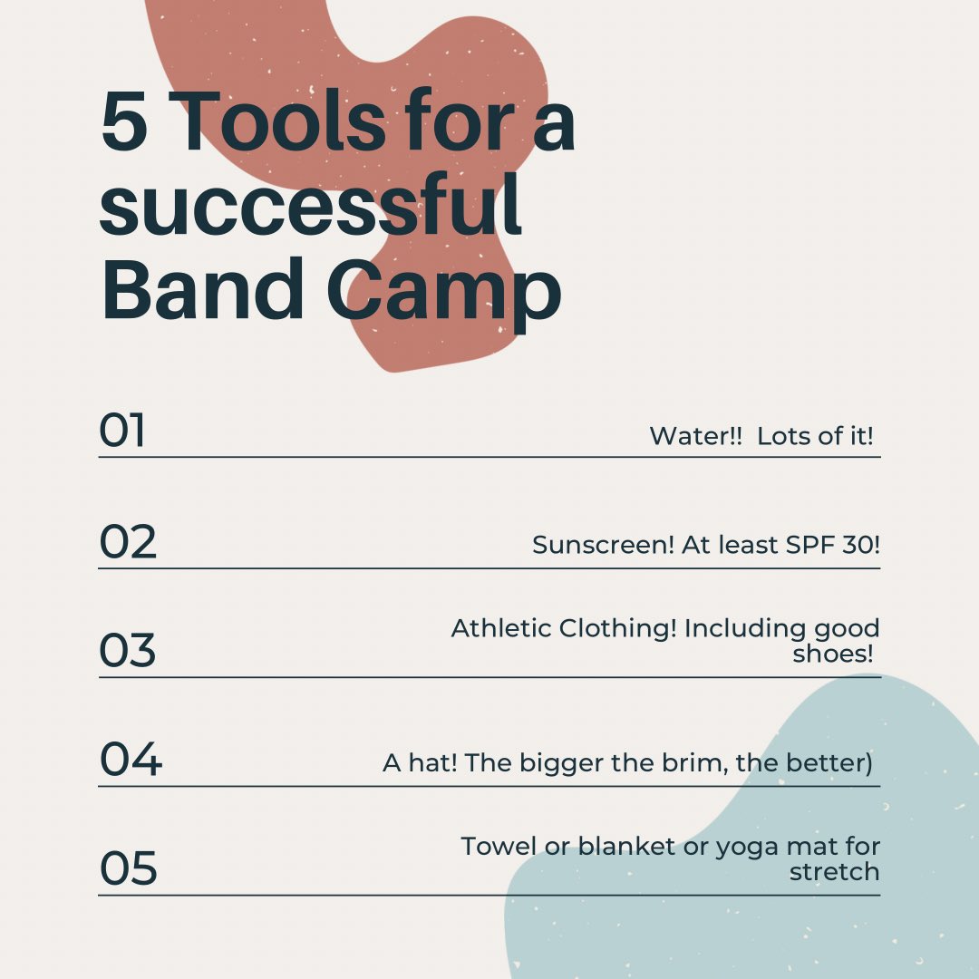 Band camp is two weeks from today! The best experience starts with the right tools!   Water, sunscreen, the right clothes, the right shoes and hat will make the days better! #bandisback