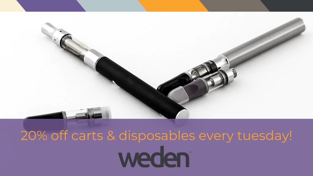 start the week on a high note with weden!  20% off cartridges every tues. &amp; today buy any 2 kurvana get a third for $1. buy any select 1g cart get a half gram for $1 
or buy any nuvata vape get another for $1. learn more weden.com or 📞1-800-CANNABIS to place order