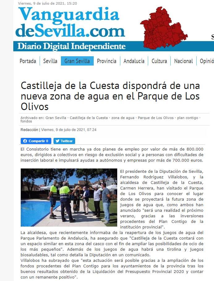 CastillejaCta's tweet photo. 🗞 Hace unos días algunos medios se hicieron eco del anuncio realizado por la alcaldesa, Carmen Herrera, sobre la creación de un nuevo parque de agua. 

¡En el Parque de los Olivos! 💦
🧐 Noticia 👉🏻 https://t.co/Ure8W9pGhR

#TransformandoCastilleja
#VeranoEnCastilleja https://t.co/jzPThQLzYc