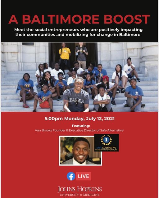 Need a boost?

Join us today for the next installment of A Baltimore Boost! A web series that spotlights social entrepreneurship in the city of Baltimore!

Featuring Van Brooks, Founder &amp; Executive Director of Safe Alternative!
The video will be published live at 5pm on Facebook!