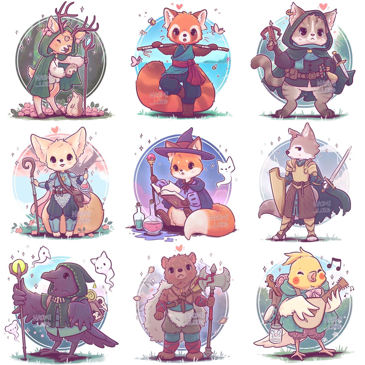 I'm planning on finally completing my DnD animal art! 🌸✨ here are the 9 so  far! Deer-Druid, Red panda-Monk, Cat-Rogue, Fennec-Cleric, Fox-Wizard,  Wolf-Paladin, Crow-Warlock, Bear-Barbarian, Bird-Bard! 💕, image size:1200x1200