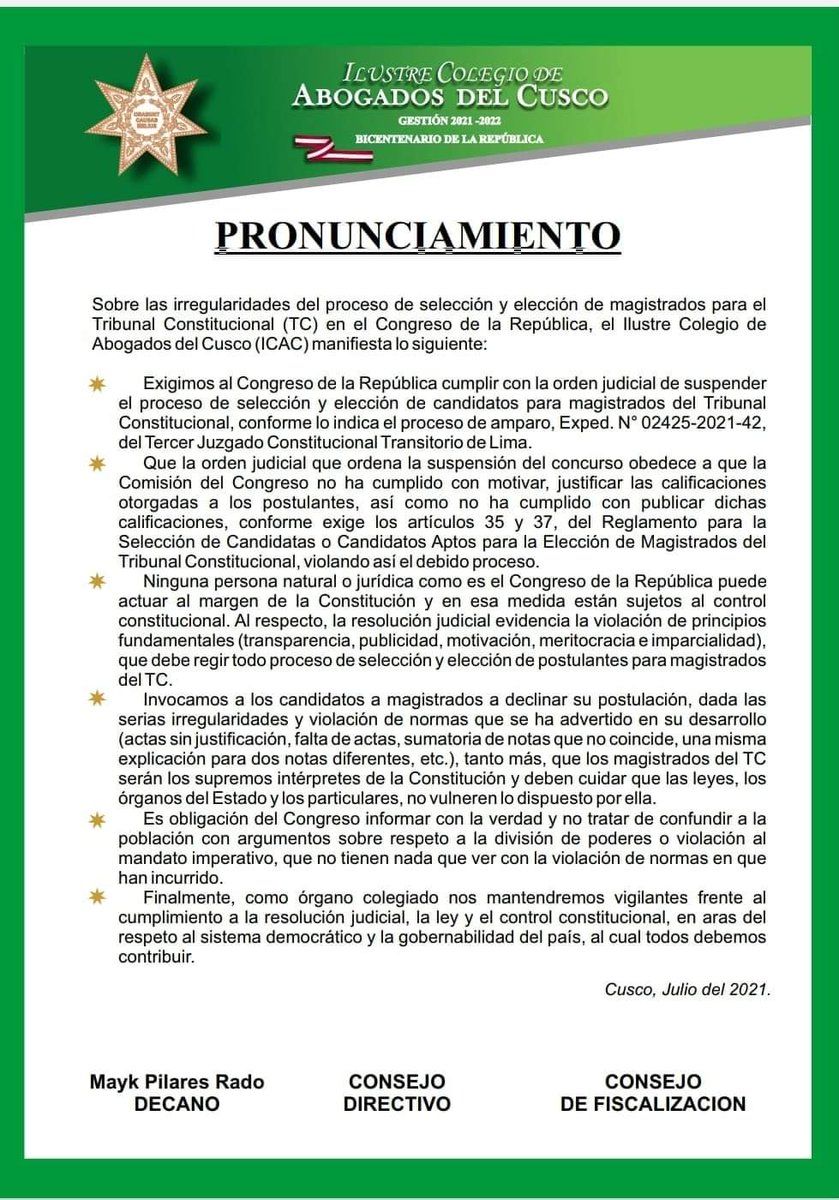 MAYKPILARES's tweet photo. Sobre las irregularidades del proceso de selección y elección de magistrados para el Tribunal Constitucional (TC) en el Congreso de la República, el Ilustre Colegio de Abogados del Cusco (ICAC) comunica a la opinión pública lo siguiente: https://t.co/tZH8CpFtKy