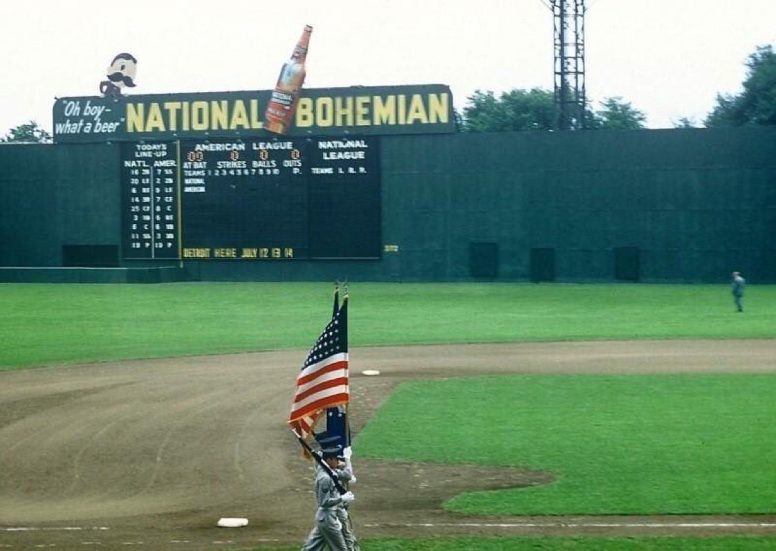 Griffith Stadium, Washington D.C., 7/10/56 - The colors are presented before the 1956 All-Star game held in the nation's capital. The National League won 7-3 in a game that saw four home runs hit by four baseball legends in Willie Mays, Stan Musial, Mickey Mantle and Ted Williams
