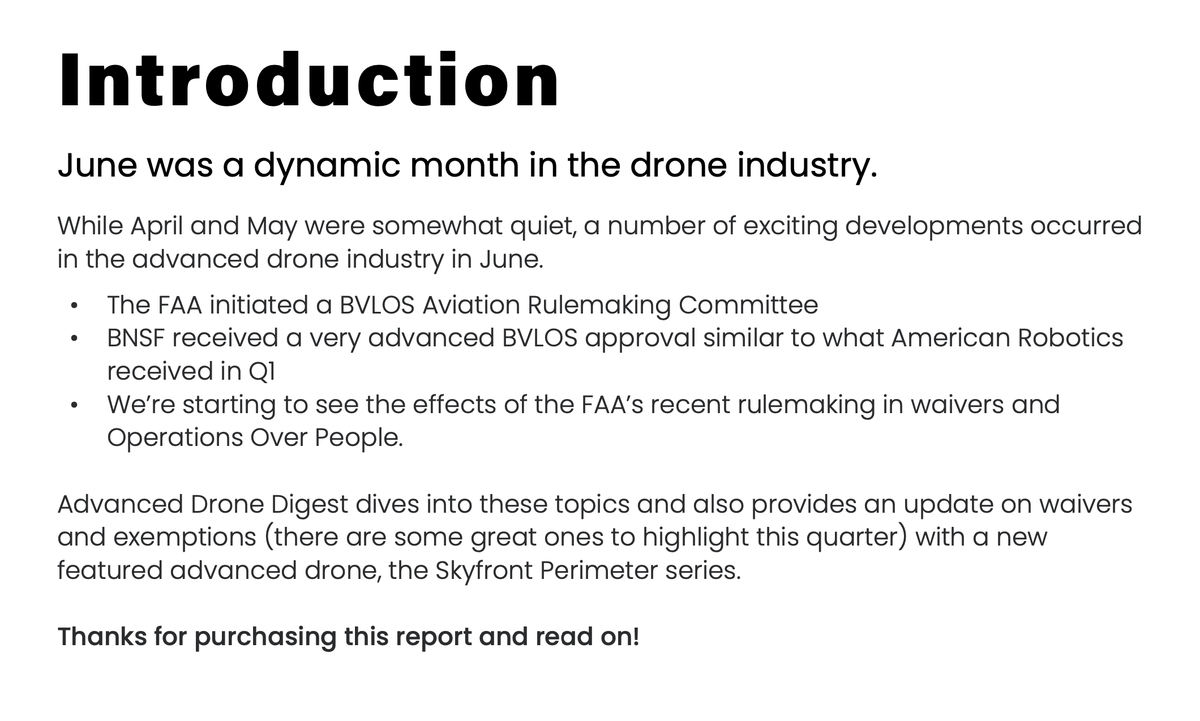AdvDroneOps's tweet photo. Quarter 2 issue of Advanced Drone Digest is out, learn more at https://t.co/9kJ70uUW7g. The report gives a simple way to stay up to date on waiver trends, exemption trends, and get the cliff notes on other advanced operation highlights in the industry. https://t.co/Vju1b32JVf