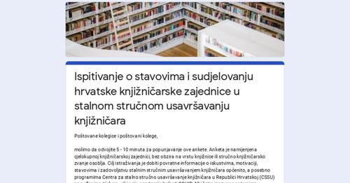 ZKD_cro's tweet image. 📢CSSU u suradnji s kolegicom dr. sc. Aleksandrom Pikić provodi anketu koja je namijenjena cjelokupnoj knjižničarskoj zajednici, bez obzira na vrstu knjižnice ili stručno knjižničarsko zvanje osoblja❗

Anketa se nalazi na poveznici⬇ forms.gle/JBsyKXgL3UQuRH…

#ZKDrustvo #CSSU