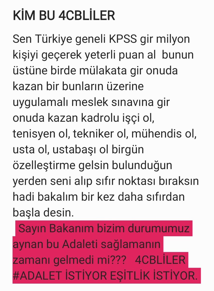 Biz 4Cliler
657 memur değiliz
4857 işçi değiliz
696 khk 4b Hiç değiliz
Peki bir zamanlar KADROLU ve teknik personel olan  özelleştirme mağduru 4CB ler kamuda hangi kadroya sahipler
❌Statü yok
❌Ünvan yok
❌Derece yok
❌Kıdem yok
❌Emeklilik farklı
#4CB_Zulumdur
