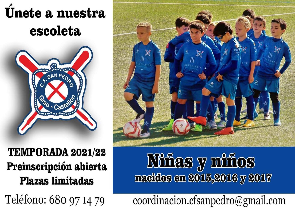 CfsanpedroCf's tweet photo. 🚨ESCOLETA🚨
           
                @cdsanpedrocf

Niñ@s nacidos años 2015, 2016 y 2017

        🖊Preinscripciones abiertas 
            ✨Plazas limitadas ✨

Contacto: 

coordinacion.cfsanpedro@gmail.com

#Temporada21-22

             #SomDelGrau  💪🏻 https://t.co/nh2T35KJmP