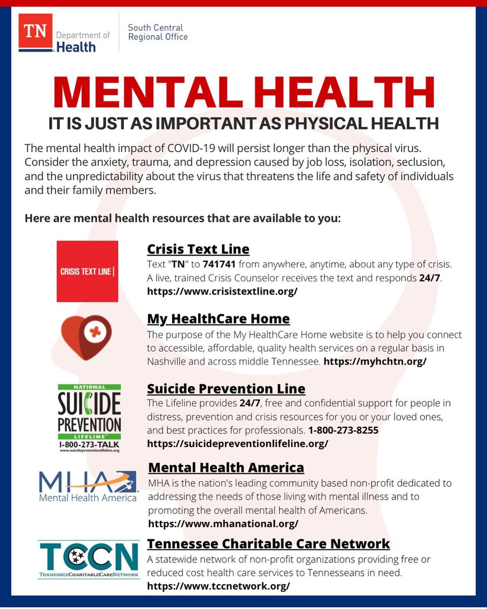 Mental Health IS Health! Call TN Redline # for recovery support: 1-800-889-9789