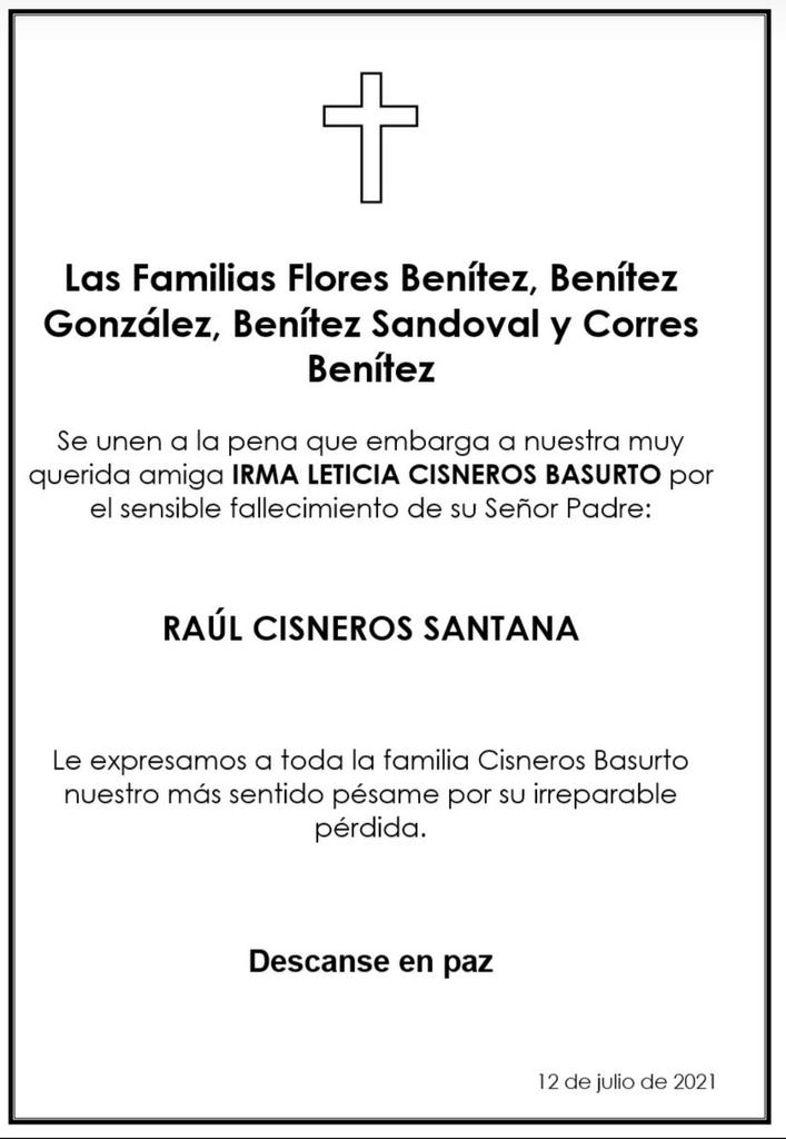 bettynabenitez's tweet photo. Querida amiga @letycisner que Dios reciba en su gloria a tu amado padre el Dr. Raúl Cisneros. Nosotros lo recordamos como el gran caballero y experimentado profesionista que conocimos en vida.
Recibe un abrazo solidario de quieren tanto te queremos. https://t.co/weenNvV9jF