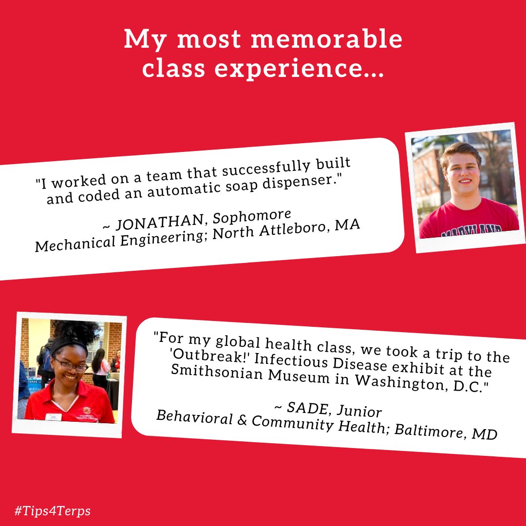 ApplyMaryland's tweet photo. Having 90+ majors here at UMD means our students have incredibly varied classroom experiences. Jonathan, Sade and Julia share their most memorable experiences in today’s #Tips4Terps, including coding and videography, as well as trips to D.C. https://t.co/CXPoKX5X7O