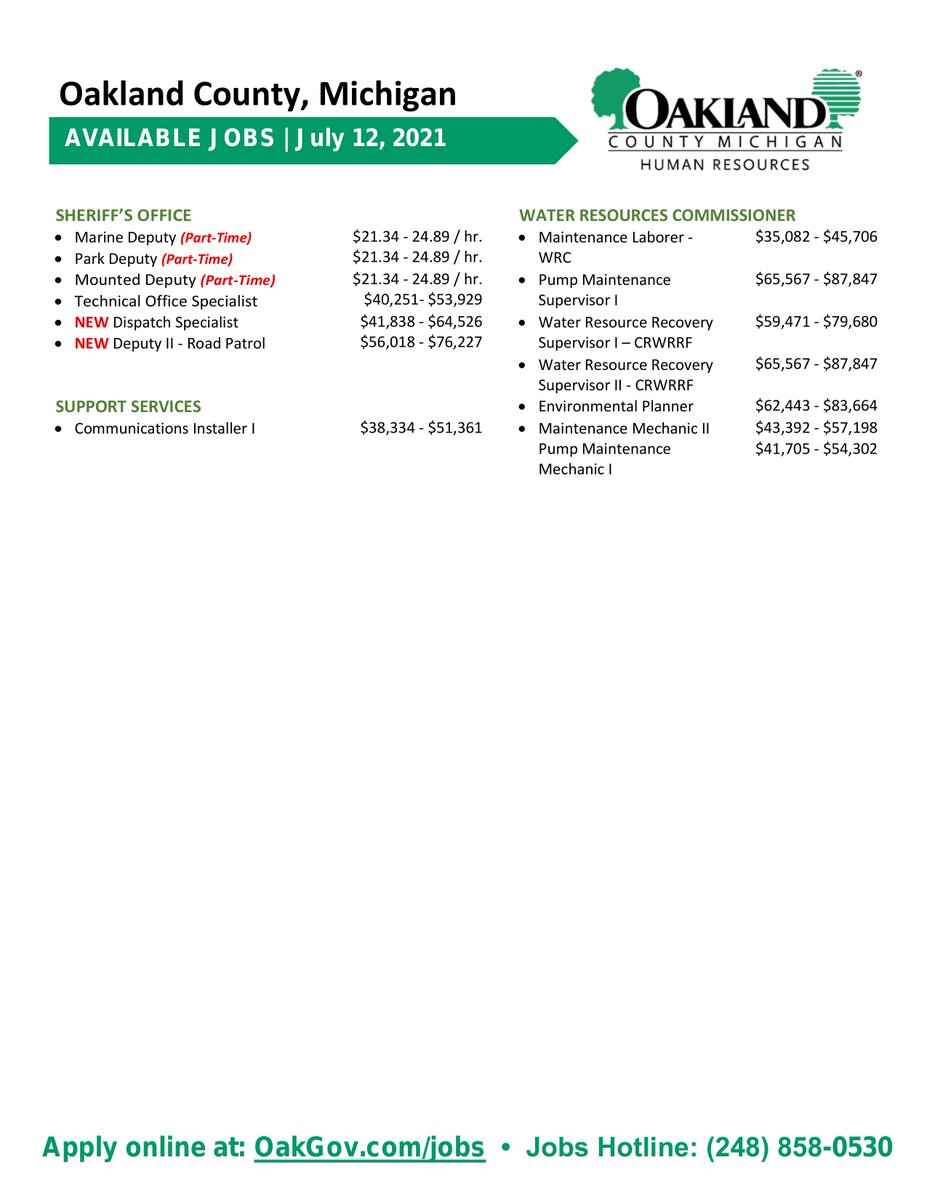 OakGov's tweet photo. The future is bright at #OaklandCounty. Check out our latest #jobs flyer for full and part-time opportunities, including #SummerJobs. 

Apply online today at: https://t.co/VaIVaFwVpC or call 248-858-0530 for more information. https://t.co/tuxKBhhIwu