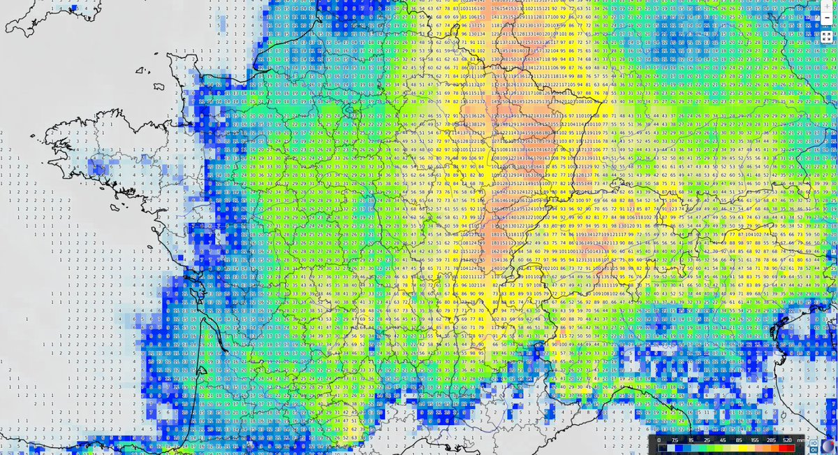 Cumuls de pluie de dingue d'ici vendredi (loc>150mm !!). Impacts importants sur l'agriculture :
-anoxie des racines
-retard de récoltes (blé, orge, colza)
-germination sur pied
-développement de maladie (mildiou vigne🙄)
-impraticabilité des champs
Tous aux abris ! #FrAgTw