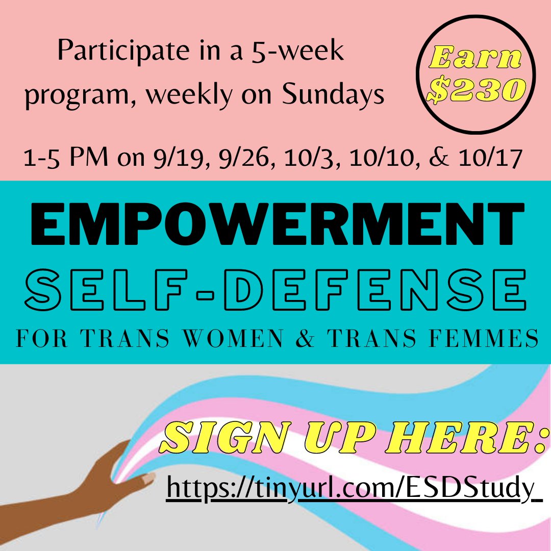 lab_berke's tweet photo. We have now opened enrollment for our next Empowerment Self-Defense Study. To see if you are eligible and enroll, click the link below: 

https://t.co/U4XFQ3aUUA

#translivesmatter #LGBTQ #researchstudy #trans #research #transgender #mtf #nyc #transwoman #transfemme #t4t #lgbt https://t.co/aFBD0Xm9MT