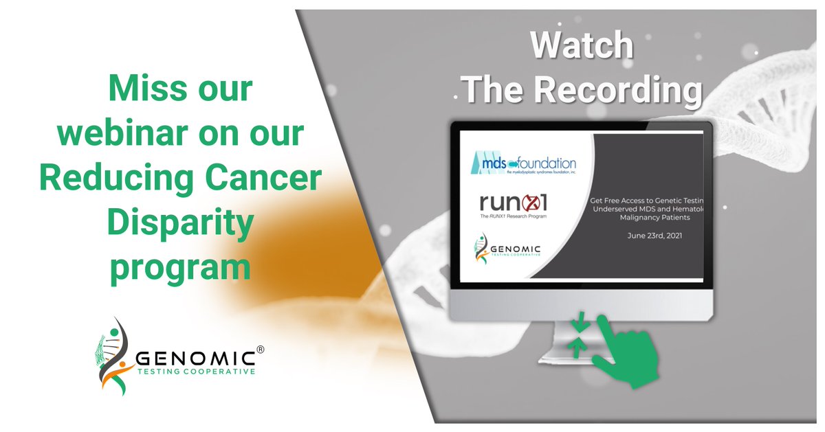 GenomicTesting's tweet photo. Miss our webinar on our Reducing Cancer Disparity program in collaboration with the RUNX1 foundation and the MDS Foundation? 

You can watch it here: https://t.co/DhIFovGYZg

#GTC #GenomicTestingCooperative #RUNX1 #MDSfoundation

@RUNX1Research  @MDSFoundation https://t.co/FU2XAoFwQg