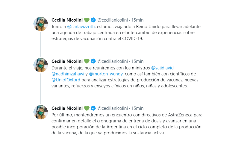 C5N's tweet photo. ⭕#AHORA

La asesora presidencial @cecilianicolini detalla la agenda de trabajo del viaje a Reino Unido junto a la ministra @carlavizzotti: se reunirán con tres ministros británicos, con científicos de la Universidad de Oxford y con directivos de AstraZeneca https://t.co/hSxC36cXTs