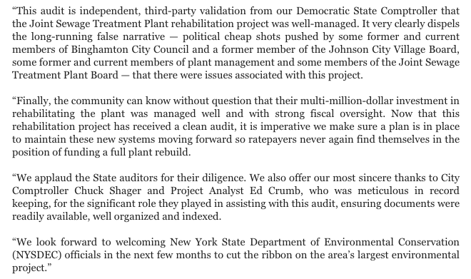 Mayor Rich David (@mayorrichdavid) on Twitter photo The <a href="/NYSComptroller/">Thomas P. DiNapoli</a> has released its audit of the $274M Binghamton-Johnson City Joint Sewage Treatment Plant project.
It found officials properly planned and monitored the project — the independent validation ratepayers deserved. Read my joint statement with Mayor Greg Deemie: The <a href="/NYSComptroller/">Thomas P. DiNapoli</a> has released its audit of the $274M Binghamton-Johnson City Joint Sewage Treatment Plant project.
It found officials properly planned and monitored the project — the independent validation ratepayers deserved. Read my joint statement with Mayor Greg Deemie: