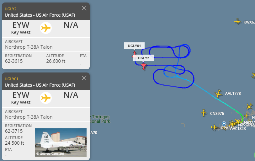 vcdgf555's tweet photo. Just some 2nd FTS T-38As practicing off Key West while a 60th AMW KC-10A lingers nearby.
🇺🇸 UGLY01 is T-38A 62-3715 #AE6408
🇺🇸 UGLY02 is T-38A 62-3615 #AE63F5
🇺🇸 ORCA70 is KC-10A 87-0119 #AE0231 https://t.co/Mg4fQLsF41
