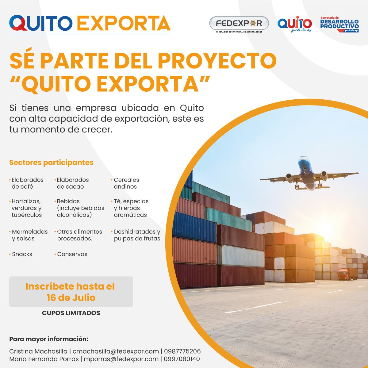 ¡Última semana de inscripciones!

FEDEXPOR con el apoyo del <a href="/MunicipioQuito/">Municipio de Quito</a>, te invitan a ser parte del Proyecto “Quito Exporta”, cuyo objetivo es impulsar las exportaciones de Mipymes y/o grupos asociativos de la ciudad.

Regístrate aquí:👉🏽bit.ly/ProyectoQuitoE…