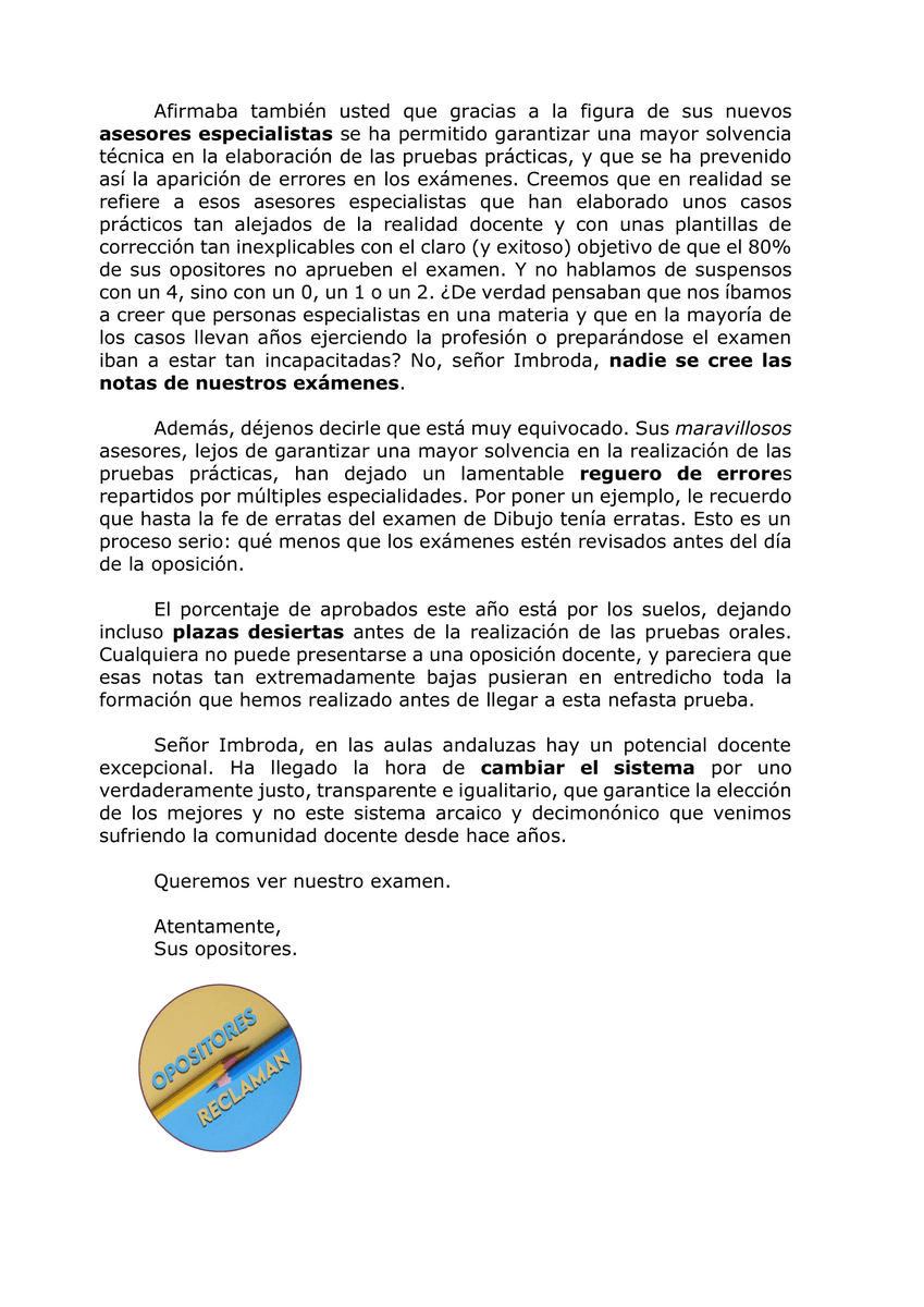 OposReclaman's tweet photo. ✉️Carta abierta al Señor Imbroda, @EducaAnd 
📚Desde Opositores Reclaman enviamos esta carta abierta al Consejero de Educación y Deporte, como contestación a sus últimas declaraciones donde asegura que las oposiciones se están desarrollando con normalidad y garantías. https://t.co/i5GkdWnx8F