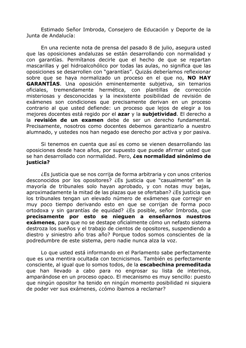 OposReclaman's tweet photo. ✉️Carta abierta al Señor Imbroda, @EducaAnd 
📚Desde Opositores Reclaman enviamos esta carta abierta al Consejero de Educación y Deporte, como contestación a sus últimas declaraciones donde asegura que las oposiciones se están desarrollando con normalidad y garantías. https://t.co/i5GkdWnx8F