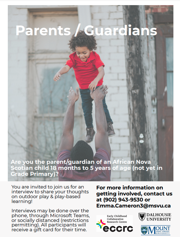 We are now recruiting families for our project on play in African Nova Scotian kids! If you are the parent/guardian of an African Nova Scotian child between 18 mo &amp; 5 yrs we want to speak to you about outdoor play &amp; play-based learning. Email emma.cameron3@msvu.ca to participate.