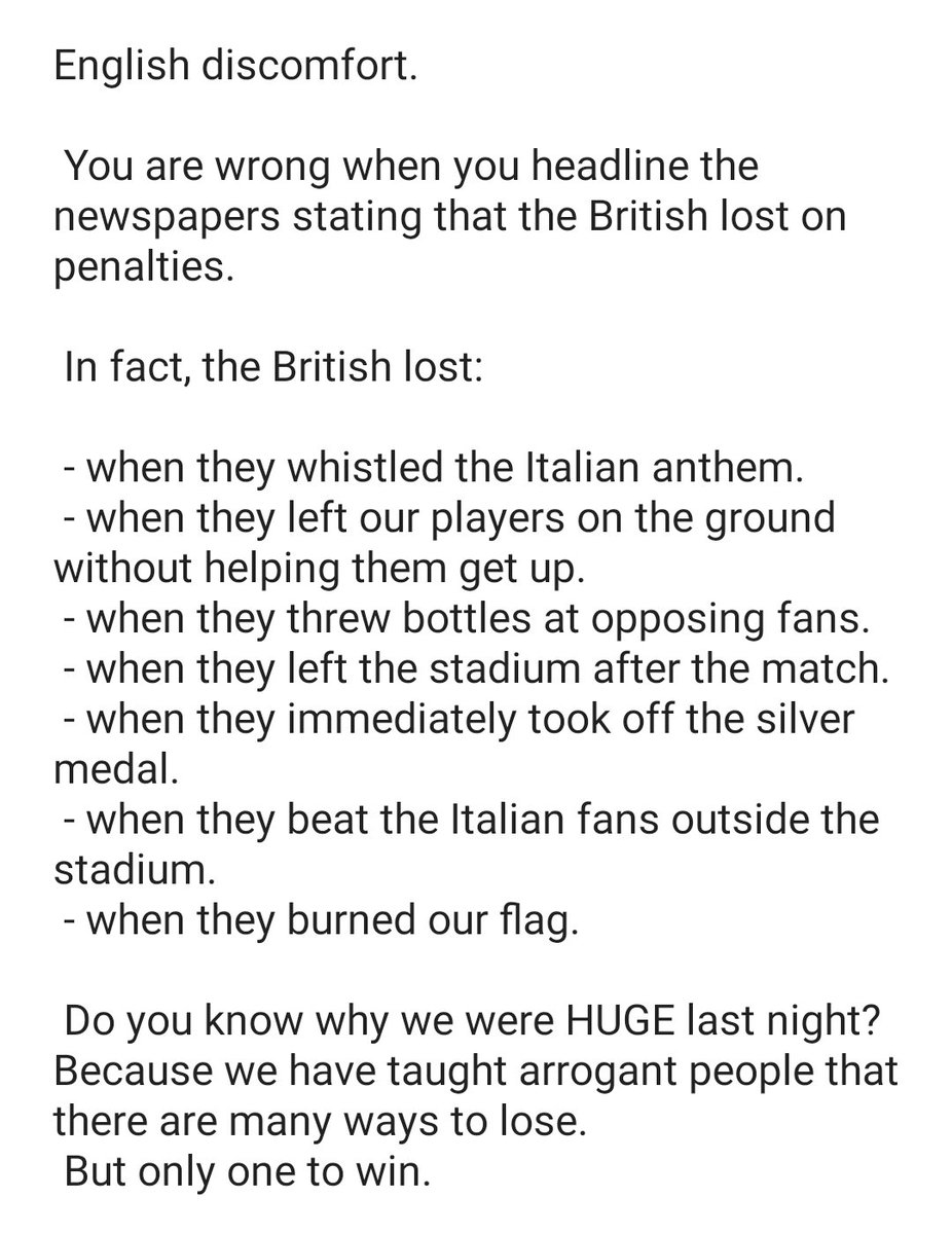 English rudeness. #UefaEuro2020 #ItalyEngland #arrogantanduncivilized 
the reasons for an announced defeat