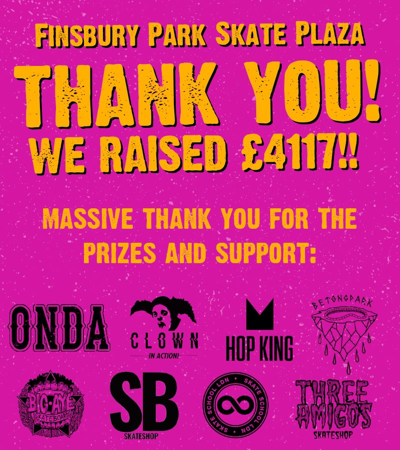 Finsburyplaza's tweet photo. Massive thanks to #clownskateboards #onda #hopking #betongpark @bigayeskateboards #sbskateshop #skateschoollondon #threeamigosskateshop for all the prizes they donated. Great support. Thanks! @FinsParkFriends https://t.co/Ui19fM4zRQ