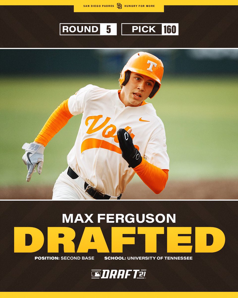 Padres's tweet image. With the 160th pick in the 2021 #MLBDraft, the Padres have selected Max Ferguson from Tennessee (TN).