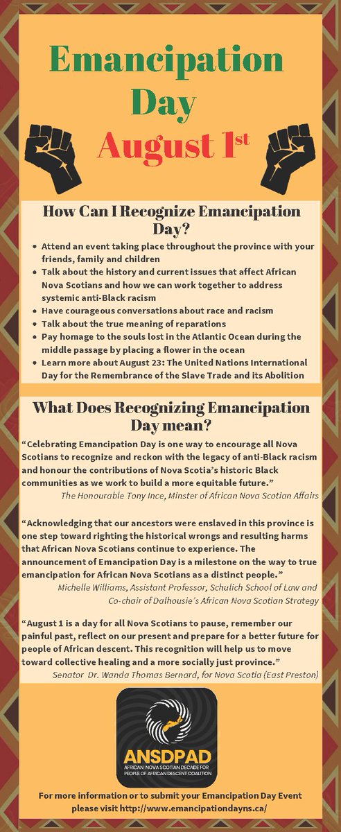 The Emancipation Day Rack Cards are now available. 
Email your order request to office@ansdpad.ca. Also, visit the website at emancipationdayns.ca for information on events that will be taking place across the province. <a href="/nsgov/">Nova Scotia Gov.</a> <a href="/tourismNS/">Tourism Nova Scotia</a>